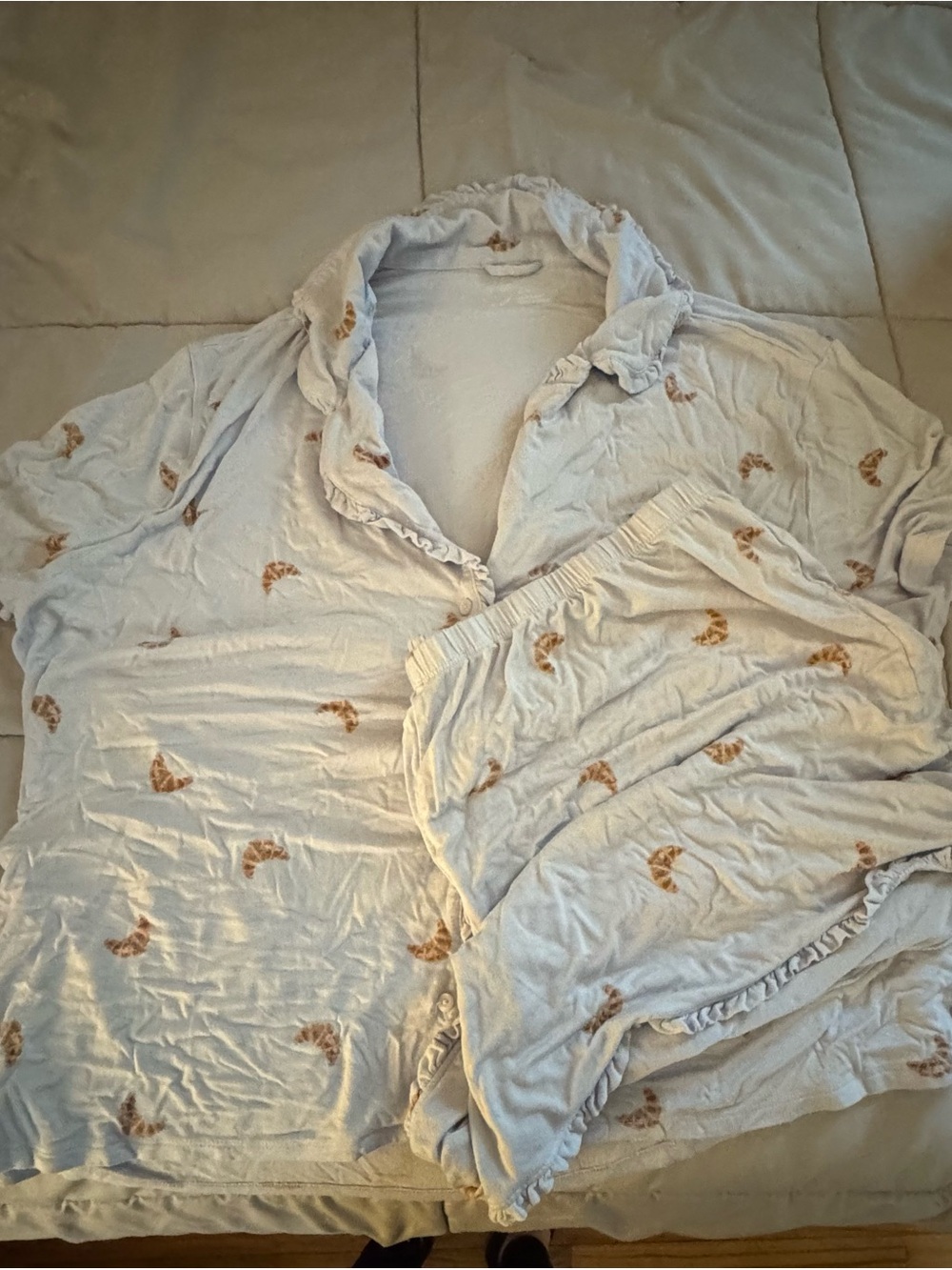 aerie Light blue Button-Down Top with Croissant Print